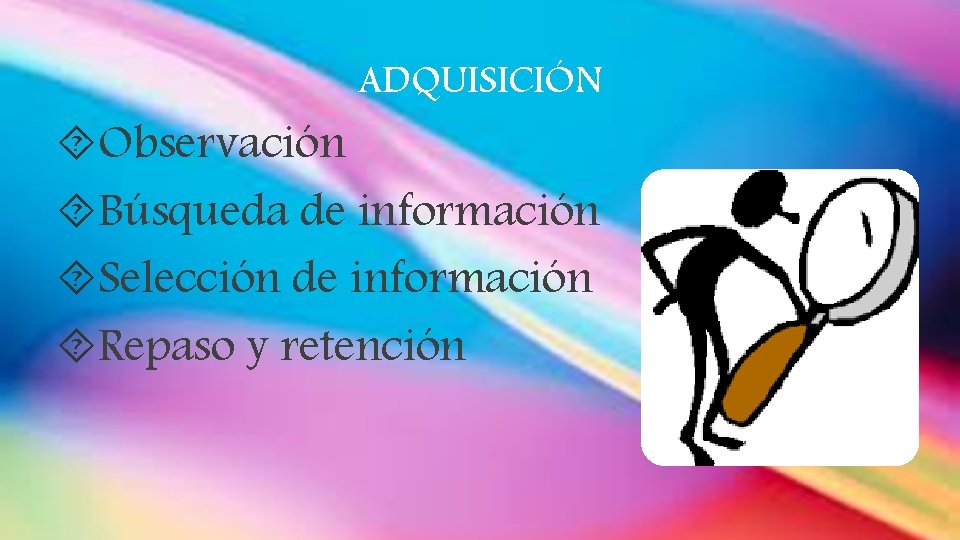 ADQUISICIÓN Observación Búsqueda de información Selección de información Repaso y retención 