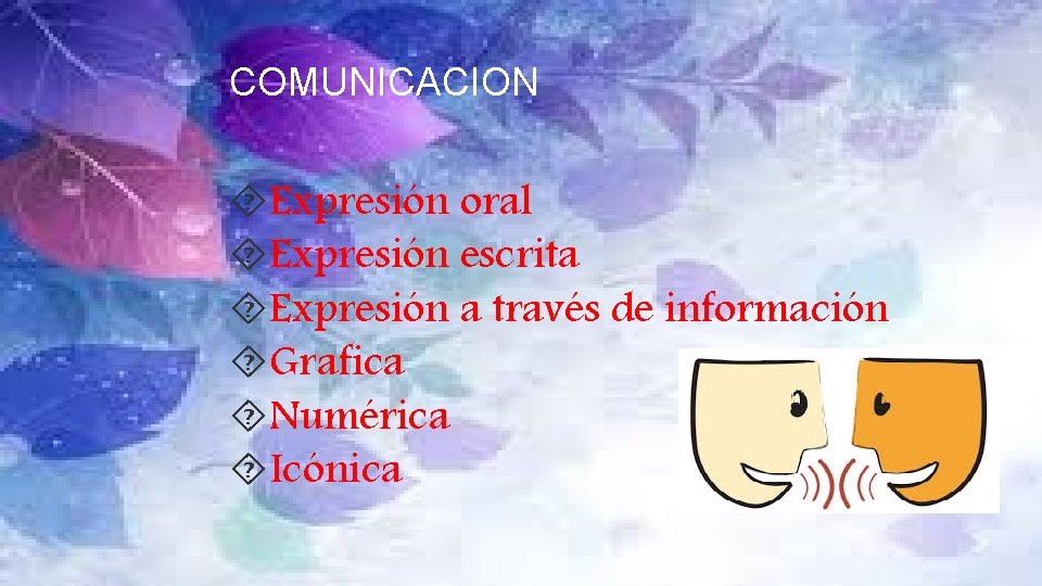 COMUNICACION Expresión oral Expresión escrita Expresión a través de información Grafica Numérica Icónica 