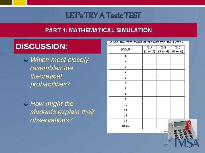 LET’s TRY A Taste TEST PART 1: MATHEMATICAL SIMULATION DISCUSSION: Which most closely resembles