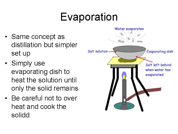 Evaporation • Same concept as distillation but simpler set up • Simply use evaporating