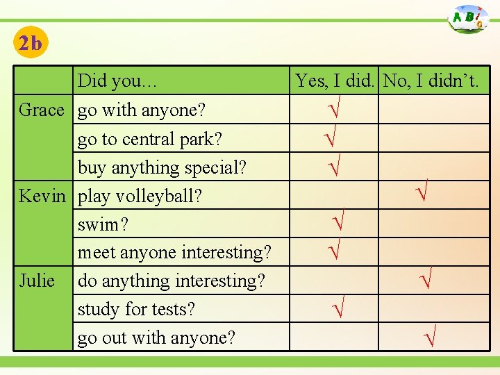 2 b Did you… Grace go with anyone? go to central park? buy anything