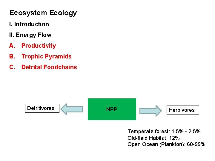 Ecosystem Ecology I. Introduction II. Energy Flow A. Productivity B. Trophic Pyramids C. Detrital