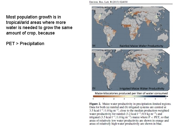 Most population growth is in tropical/arid areas where more water is needed to grow