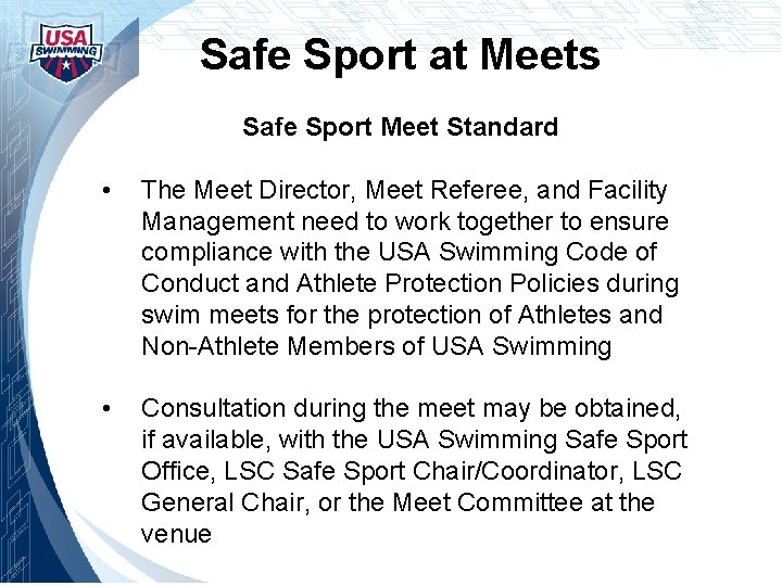 Safe Sport at Meets Safe Sport Meet Standard • The Meet Director, Meet Referee,