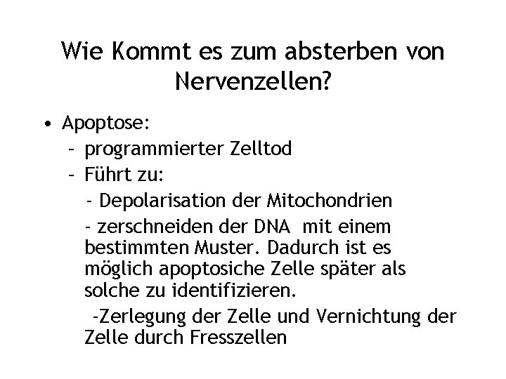 Wie Kommt es zum absterben von Nervenzellen? • Apoptose: – programmierter Zelltod – Führt