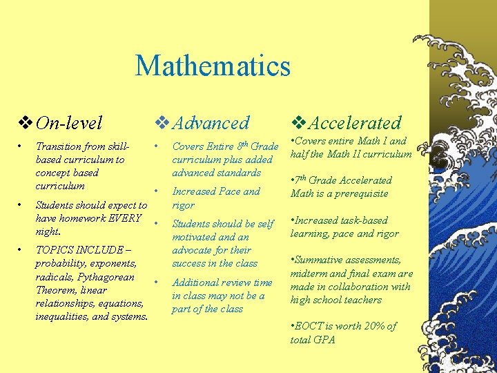 Mathematics On-level Advanced Accelerated • • • Covers entire Math I and half the