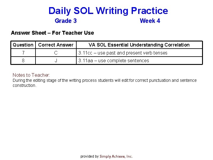 Daily SOL Writing Practice Grade 3 Week 4