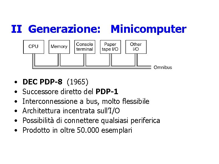 II Generazione: Minicomputer • • • DEC PDP-8 (1965) Successore diretto del PDP-1 Interconnessione