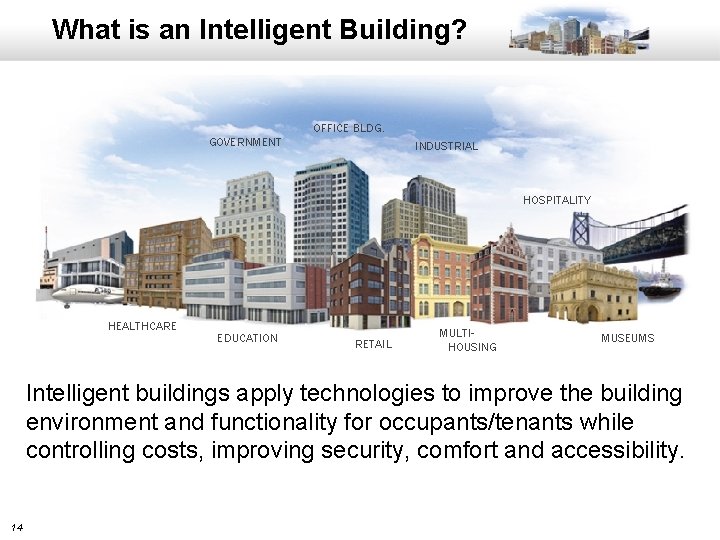 What is an Intelligent Building? OFFICE BLDG. GOVERNMENT INDUSTRIAL HOSPITALITY HEALTHCARE EDUCATION RETAIL MULTIHOUSING