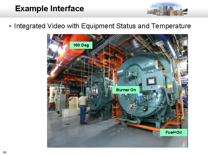 Example Interface • Integrated Video with Equipment Status and Temperature 160 Deg Burner On