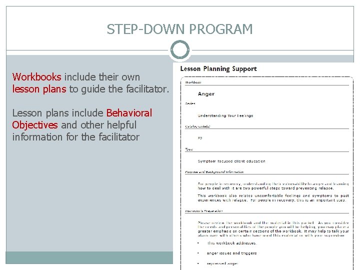 STEP-DOWN PROGRAM Workbooks include their own lesson plans to guide the facilitator. Lesson plans