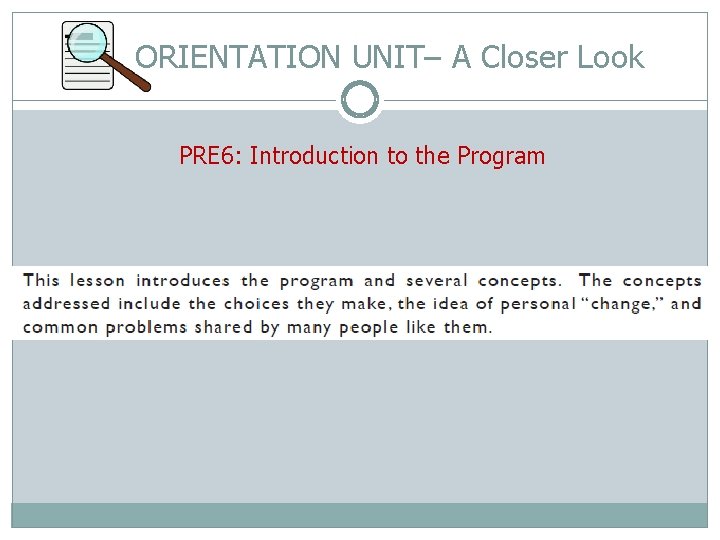 ORIENTATION UNIT– A Closer Look PRE 6: Introduction to the Program 