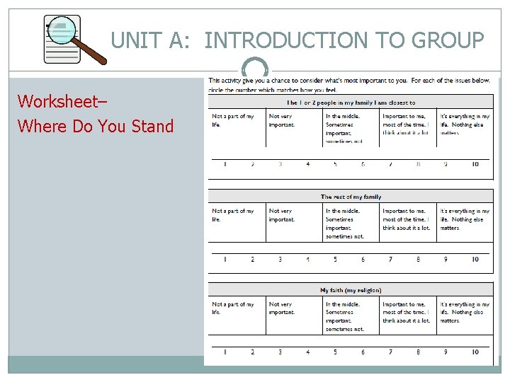 UNIT A: INTRODUCTION TO GROUP Worksheet– Where Do You Stand 