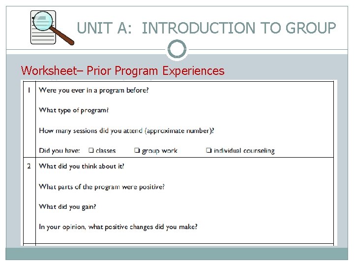 UNIT A: INTRODUCTION TO GROUP Worksheet– Prior Program Experiences 