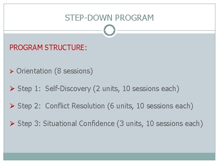 STEP-DOWN PROGRAM STRUCTURE: Ø Orientation (8 sessions) Ø Step 1: Self-Discovery (2 units, 10