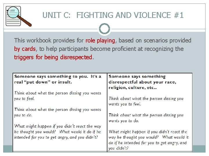 UNIT C: FIGHTING AND VIOLENCE #1 This workbook provides for role playing, based on