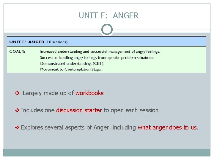 UNIT E: ANGER v Largely made up of workbooks v Includes one discussion starter