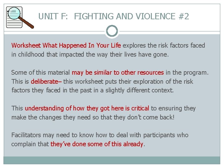 UNIT F: FIGHTING AND VIOLENCE #2 Worksheet What Happened In Your Life explores the