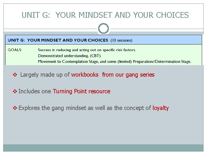 UNIT G: YOUR MINDSET AND YOUR CHOICES v Largely made up of workbooks from