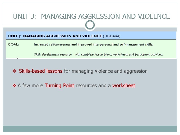 UNIT J: MANAGING AGGRESSION AND VIOLENCE v Skills-based lessons for managing violence and aggression