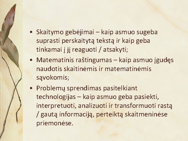  • Skaitymo gebėjimai – kaip asmuo sugeba suprasti perskaitytą tekstą ir kaip geba