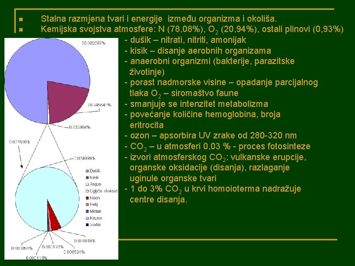 n n Stalna razmjena tvari i energije između organizma i okoliša. Kemijska svojstva atmosfere: