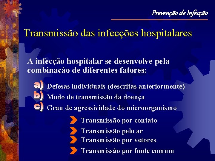 Prevenção de Infecção Transmissão das infecções hospitalares A infecção hospitalar se desenvolve pela combinação