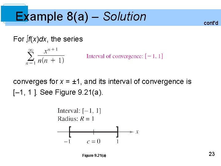 Example 8(a) – Solution cont'd For ∫f(x)dx, the series converges for x = ±