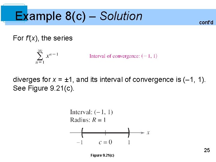 Example 8(c) – Solution cont'd For f'(x), the series diverges for x = ±