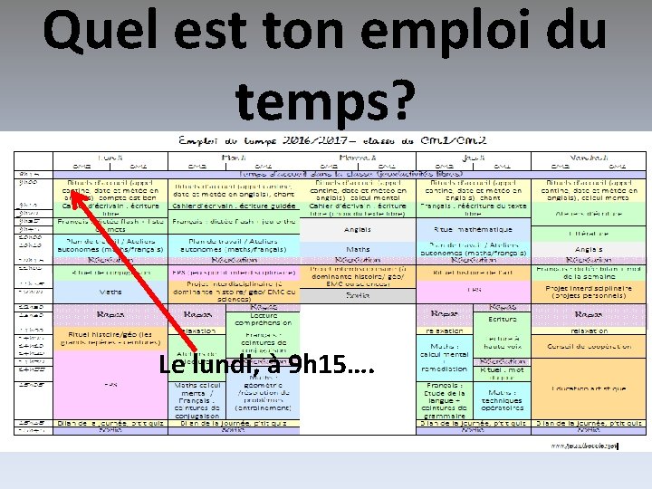 Quel est ton emploi du temps? Le lundi, à 9 h 15…. 