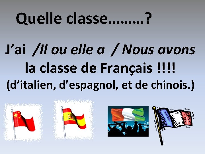 Quelle classe………? J’ai /Il ou elle a / Nous avons la classe de Français