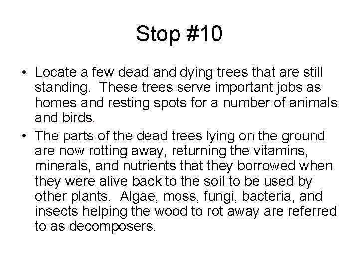 Stop #10 • Locate a few dead and dying trees that are still standing.