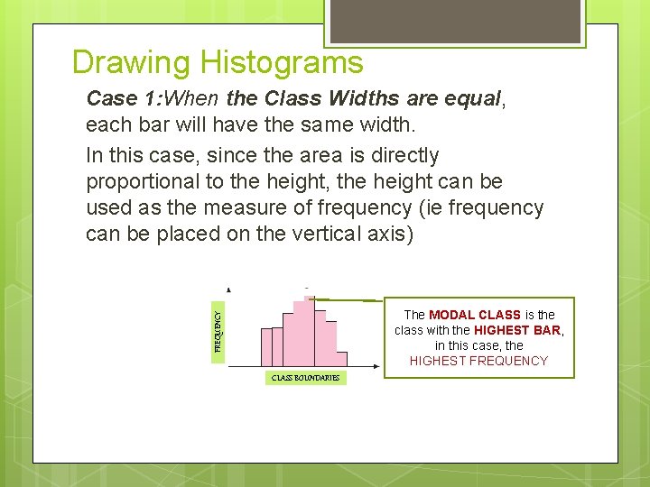 Drawing Histograms Case 1: When the Class Widths are equal, each bar will have