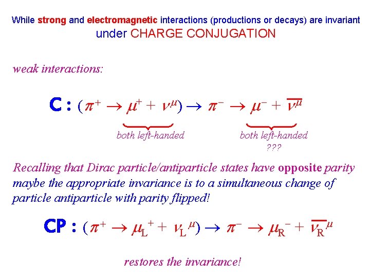 While strong and electromagnetic interactions (productions or decays) are invariant under CHARGE CONJUGATION weak