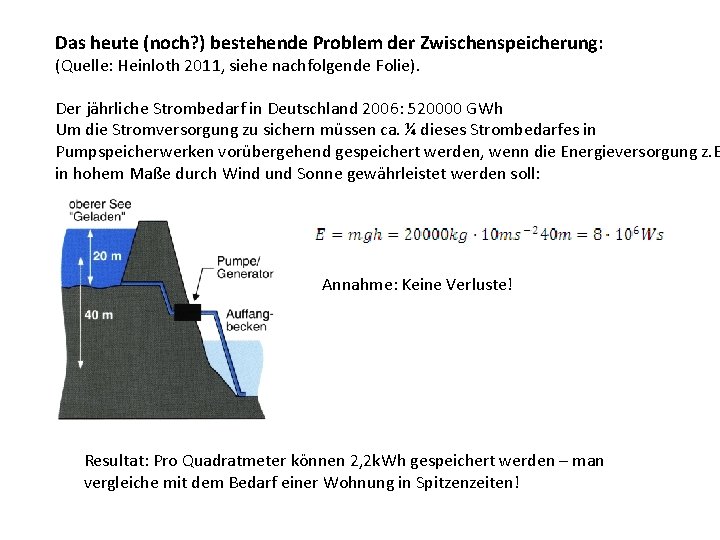 Das heute (noch? ) bestehende Problem der Zwischenspeicherung: (Quelle: Heinloth 2011, siehe nachfolgende Folie).