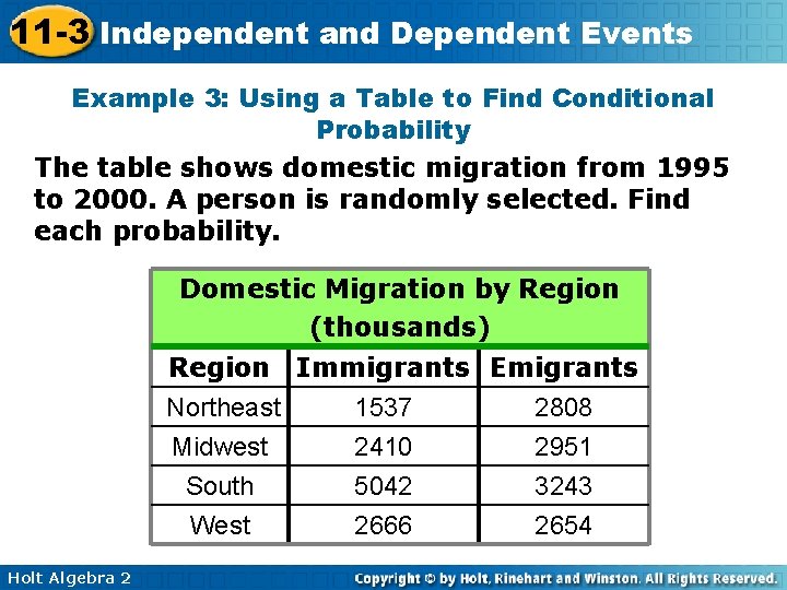 11 -3 Independent and Dependent Events Example 3: Using a Table to Find Conditional