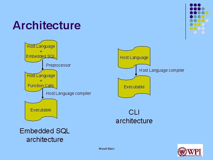 Architecture Host Language + Embedded SQL Host Language Preprocessor Host Language compiler Host Language Architecture Host Language + Embedded SQL Host Language Preprocessor Host Language compiler Host Language