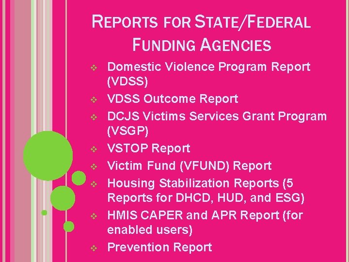 REPORTS FOR STATE/FEDERAL FUNDING AGENCIES v v v v Domestic Violence Program Report (VDSS)