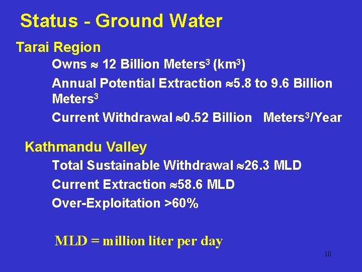 Status - Ground Water Tarai Region Owns 12 Billion Meters 3 (km 3) Annual