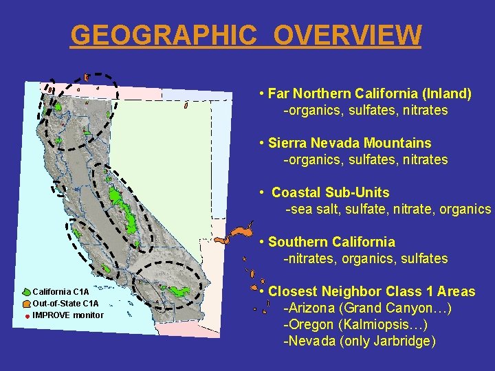 GEOGRAPHIC OVERVIEW • Far Northern California (Inland) -organics, sulfates, nitrates • Sierra Nevada Mountains