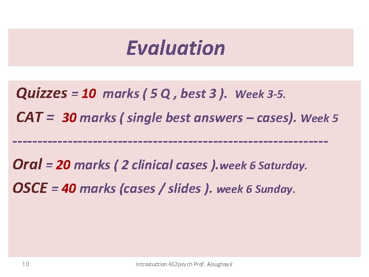 Evaluation Quizzes = 10 marks ( 5 Q , best 3 ). Week 3