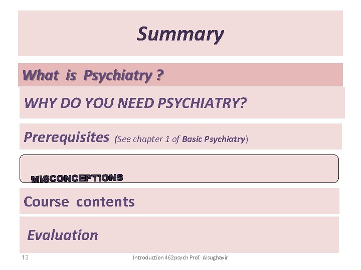 Summary What is Psychiatry ? WHY DO YOU NEED PSYCHIATRY? Prerequisites (See chapter 1