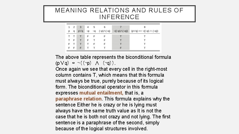 MEANING RELATIONS AND RULES OF INFERENCE The above table represents the biconditional formula (p∨q)