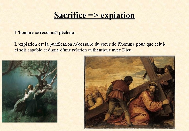 Sacrifice => expiation L’homme se reconnaît pécheur. L’expiation est la purification nécessaire du cœur