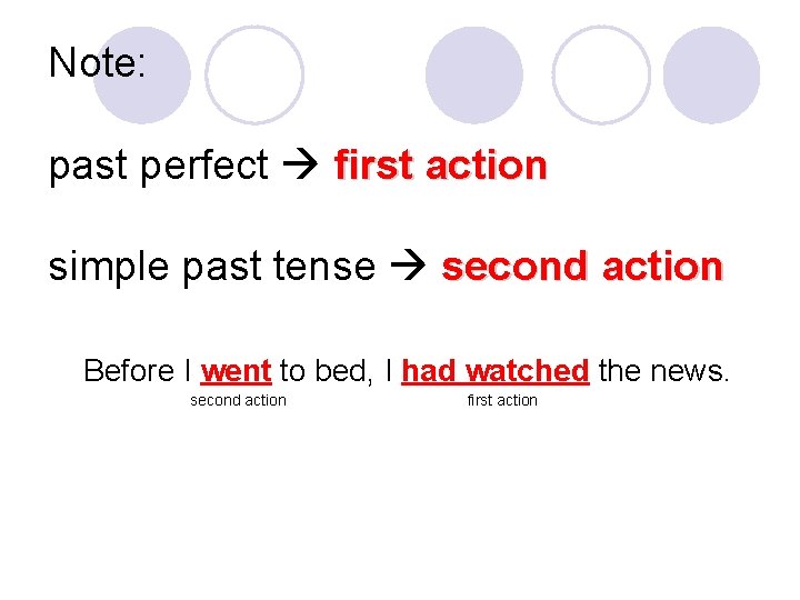 Note: past perfect first action simple past tense second action Before I went to