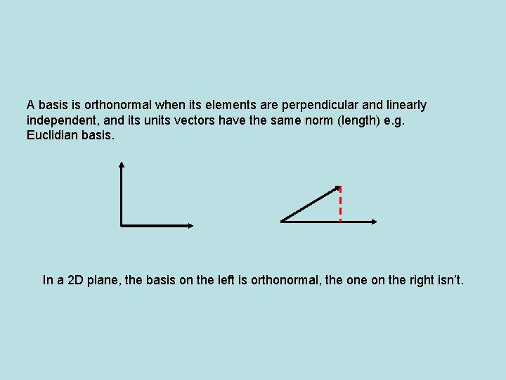 A basis is orthonormal when its elements are perpendicular and linearly independent, and its