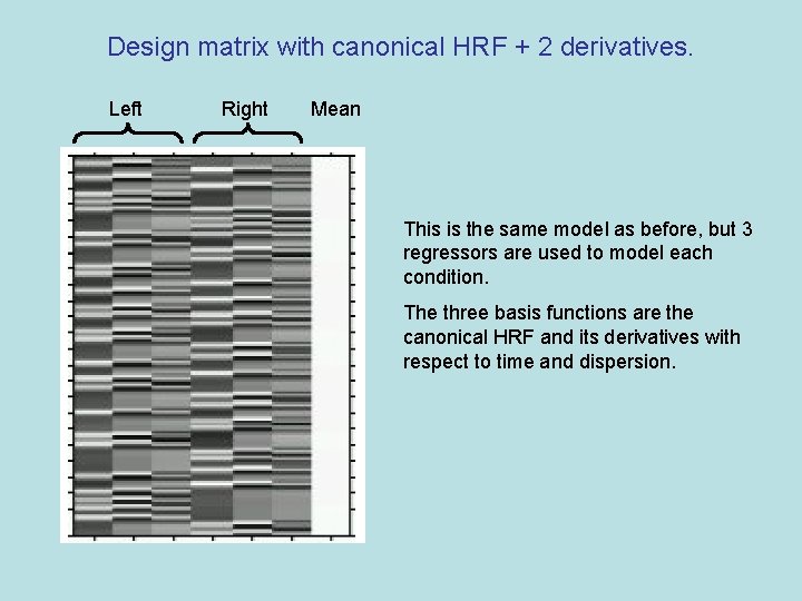 Design matrix with canonical HRF + 2 derivatives. Left Right Mean This is the