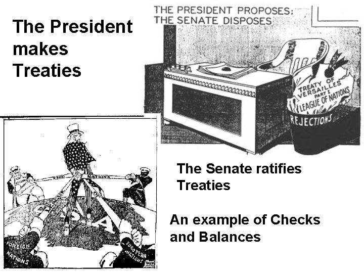 The President makes Treaties The Senate ratifies Treaties An example of Checks and Balances