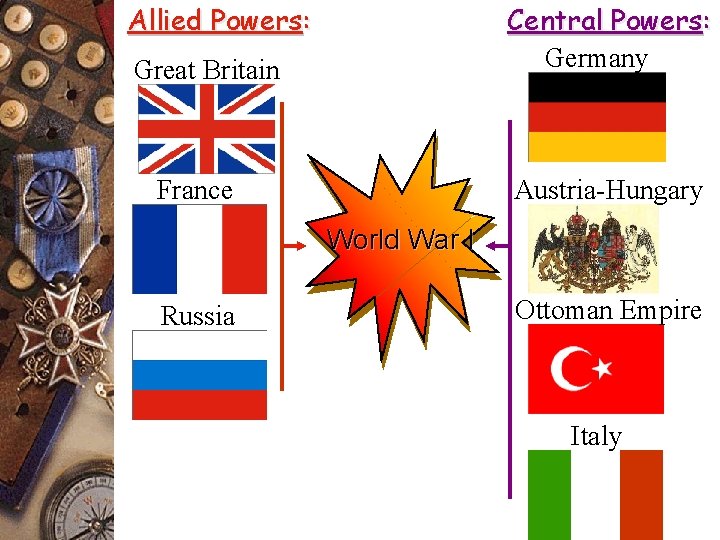 Allied Powers: Central Powers: Germany Great Britain France Austria-Hungary World War I Russia Ottoman