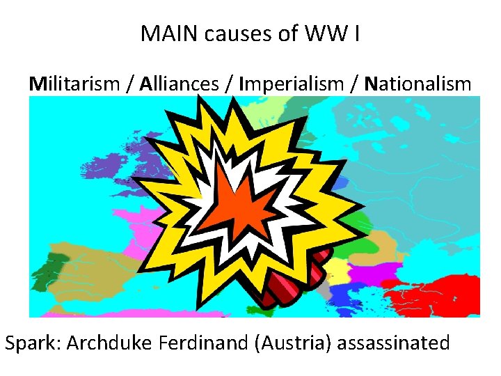 MAIN causes of WW I Militarism / Alliances / Imperialism / Nationalism Spark: Archduke